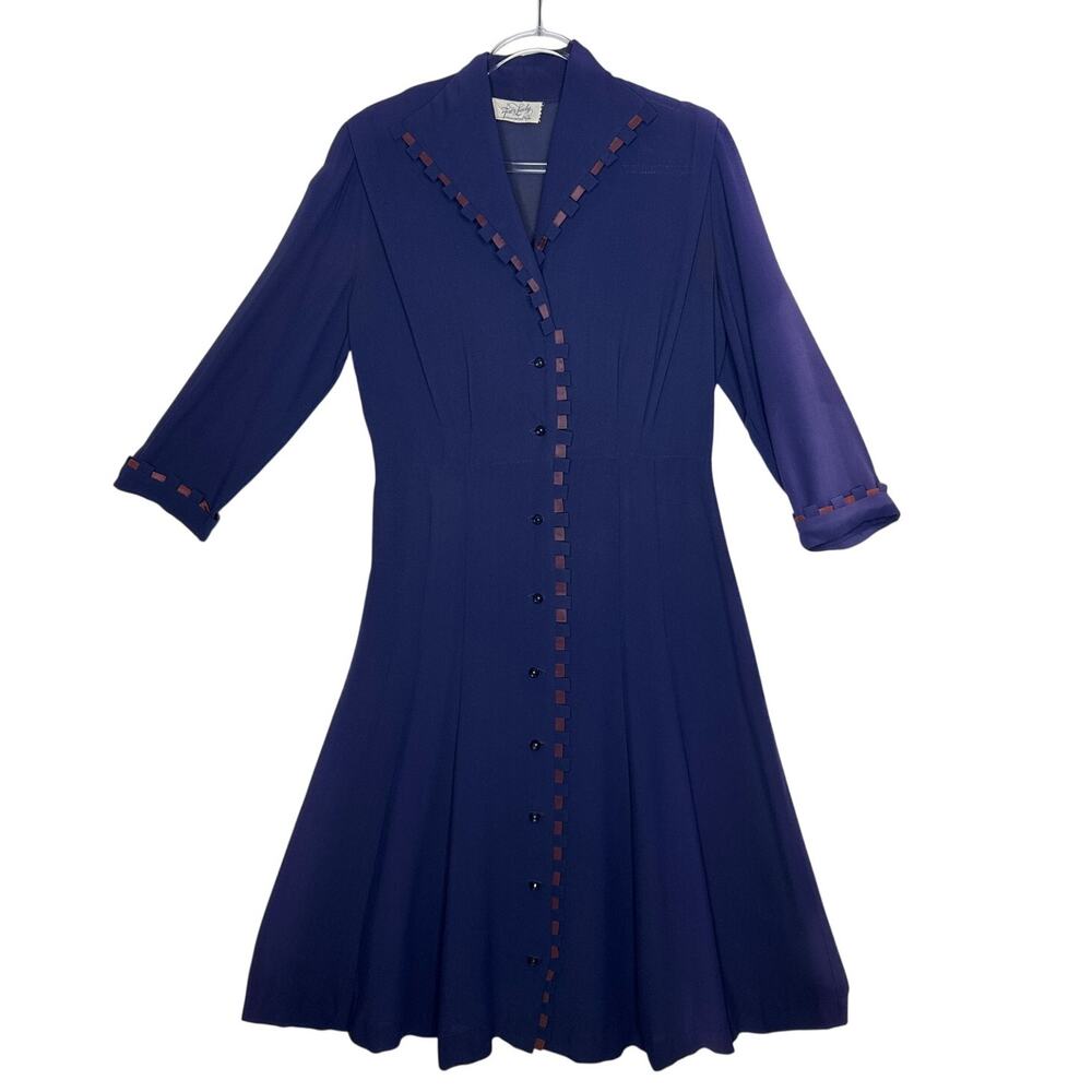 1950s Fair Lady Navy Crepe Button-Front Dress w/ Ribbon Trim medium - Picture 3 of 16